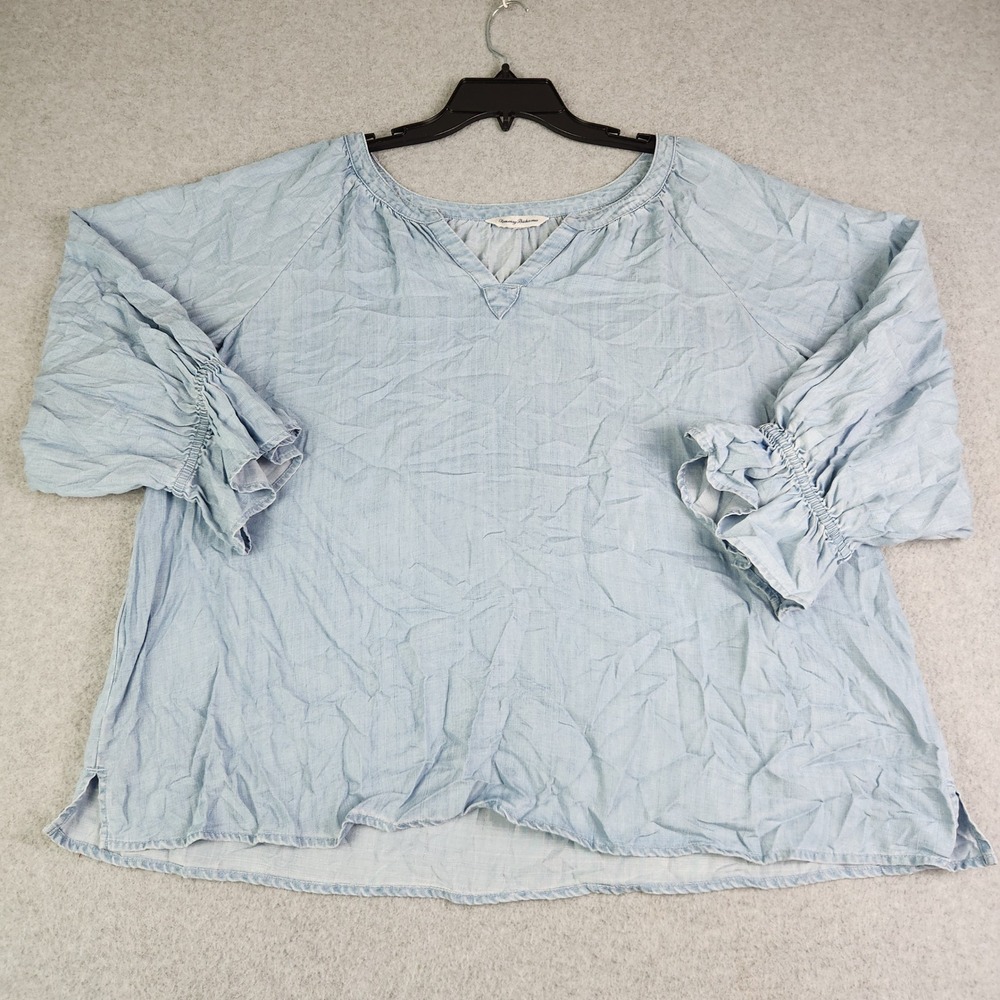 Tommy Bahama‎ Blouse Top Womens Plus Size 1X Blue 3/4 Sleeve Boho Relaxed Fit